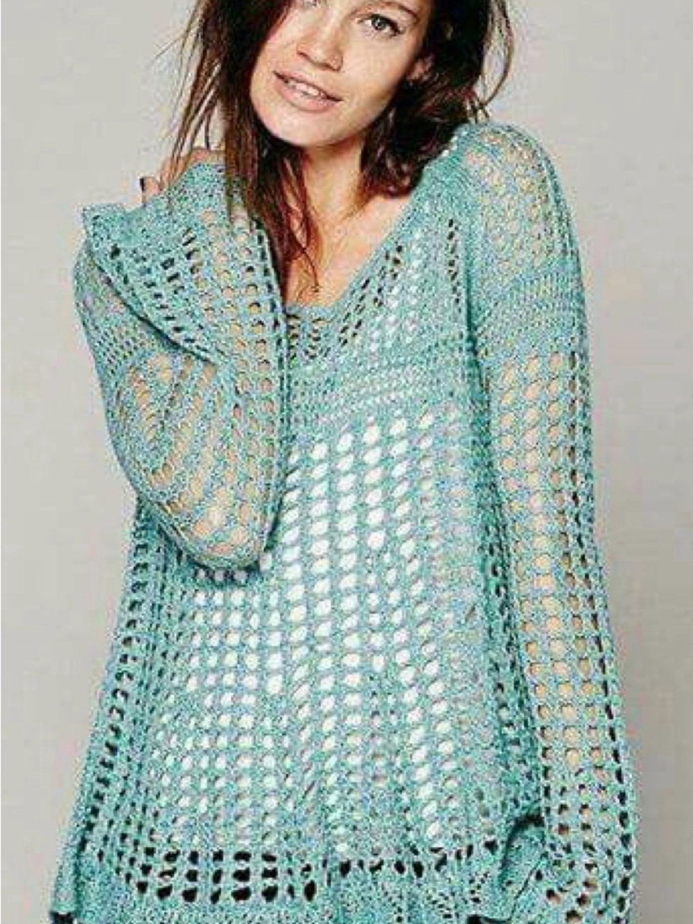 Free People Open-Knit Scoop Neck Sweater in Light Teal